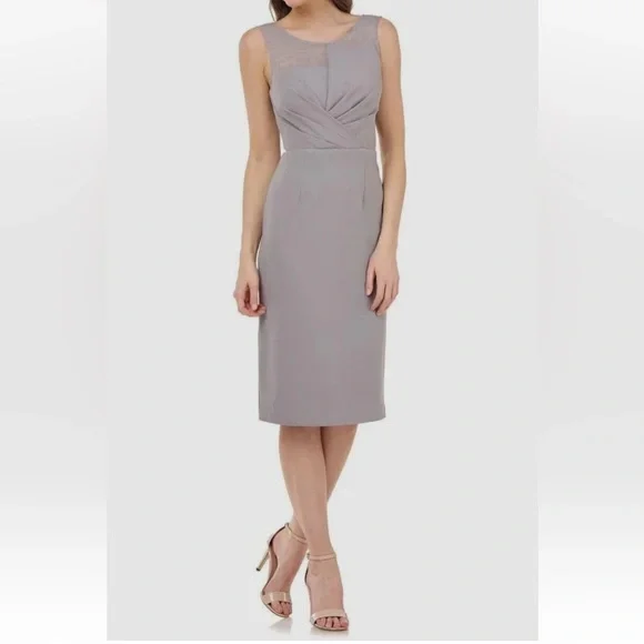 NEW JS Collections Grey Illusion Yoke‎ Pleat Cocktail Dress With Stretch Size 12